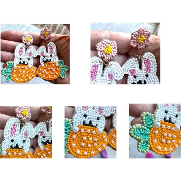 New Easter Bunny Earrings Handmade Beaded Rabbit Carrot Dangle Posts Em… - Picture 10 of 12